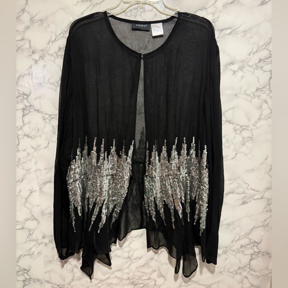 Ashro Black Sheer Cardigan with Silver Sequin Accents 20